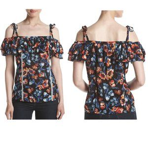 Womens Relativity Floral Off-Shoulder Embellished Top Size Large Ruffle Ties NWT